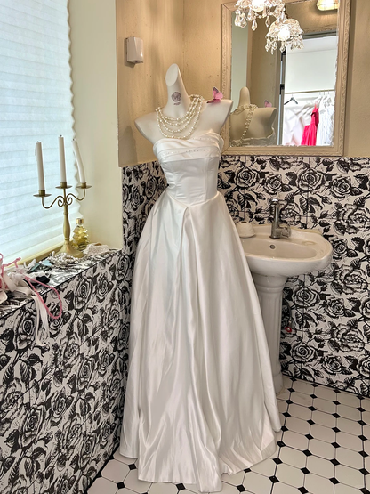 White Strapless Waist-Cinched Satin Minimalist Luxury Long Romantic Dress, Wedding Gown gh7603