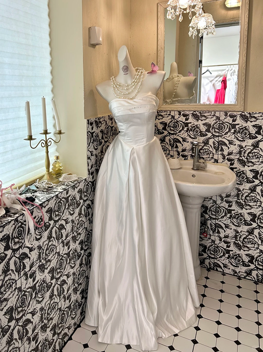 White Strapless Waist-Cinched Satin Minimalist Luxury Long Romantic Dress, Wedding Gown gh7603