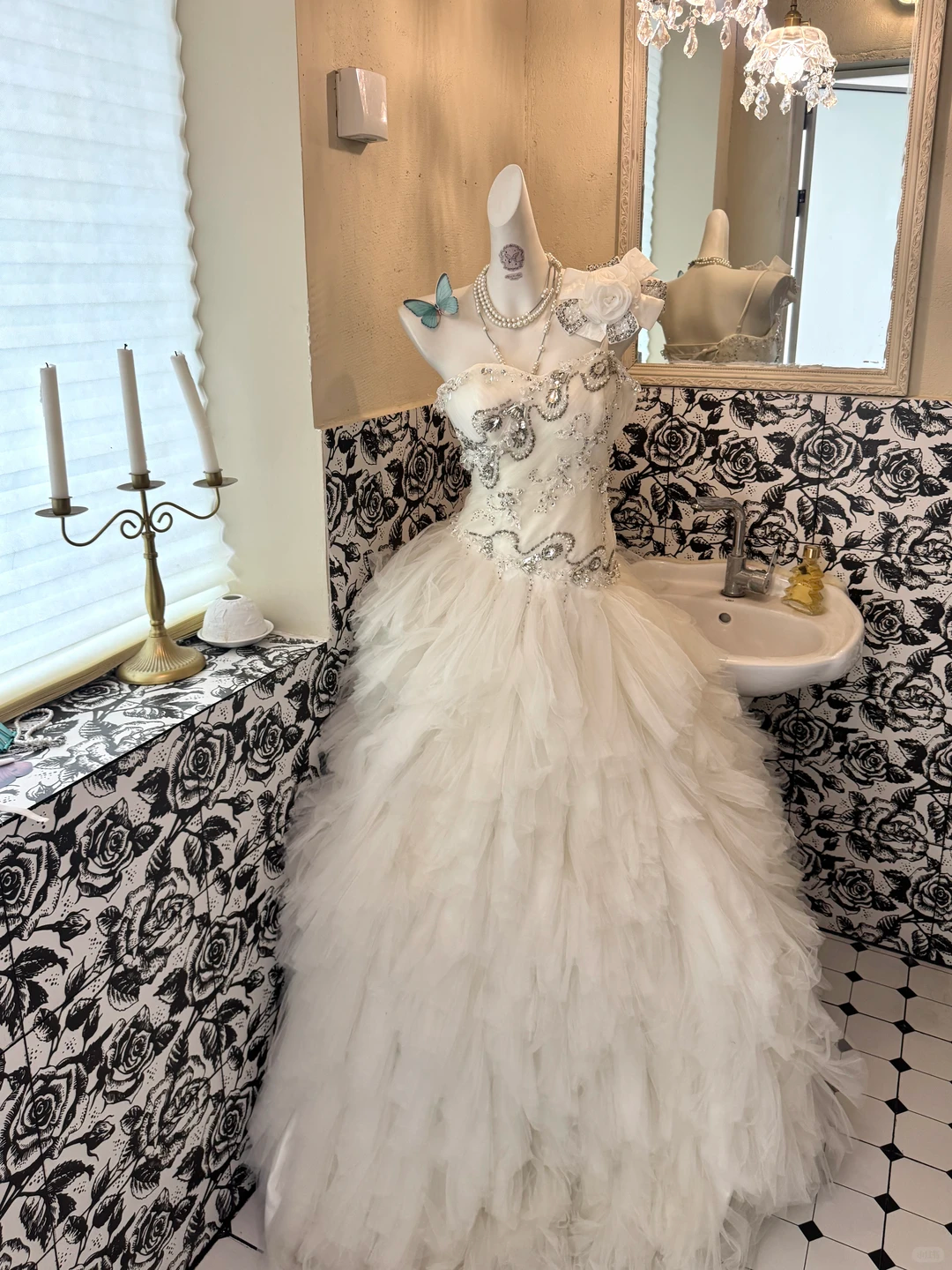 White Strapless Beaded Waist-Cinched Tiered Ruffle Cake Skirt Romantic Dress, Wedding Gown gh7496