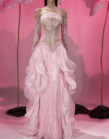 ✨Girlhomeshops-Strapless Pink 3D Petal Ruffle Beaded Mermaid Prom Gown gh10204