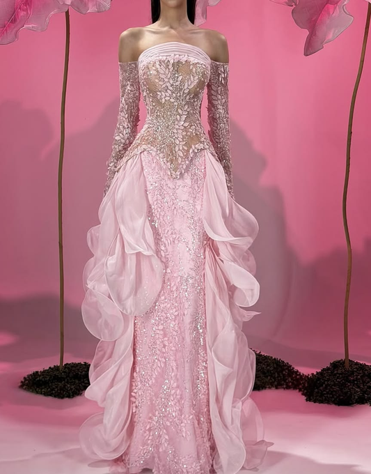 ✨Girlhomeshops-Strapless Pink 3D Petal Ruffle Beaded Mermaid Prom Gown gh10204