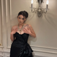 Black Strapless Asymmetrical Prom Dress Ruched Satin with Bow Ruffle Tulle Long Evening Gown gh9856