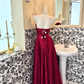 Burgundy Strapless Satin Waist-Cinched Full Flared Skirt Vintage Romantic Gown gh7559