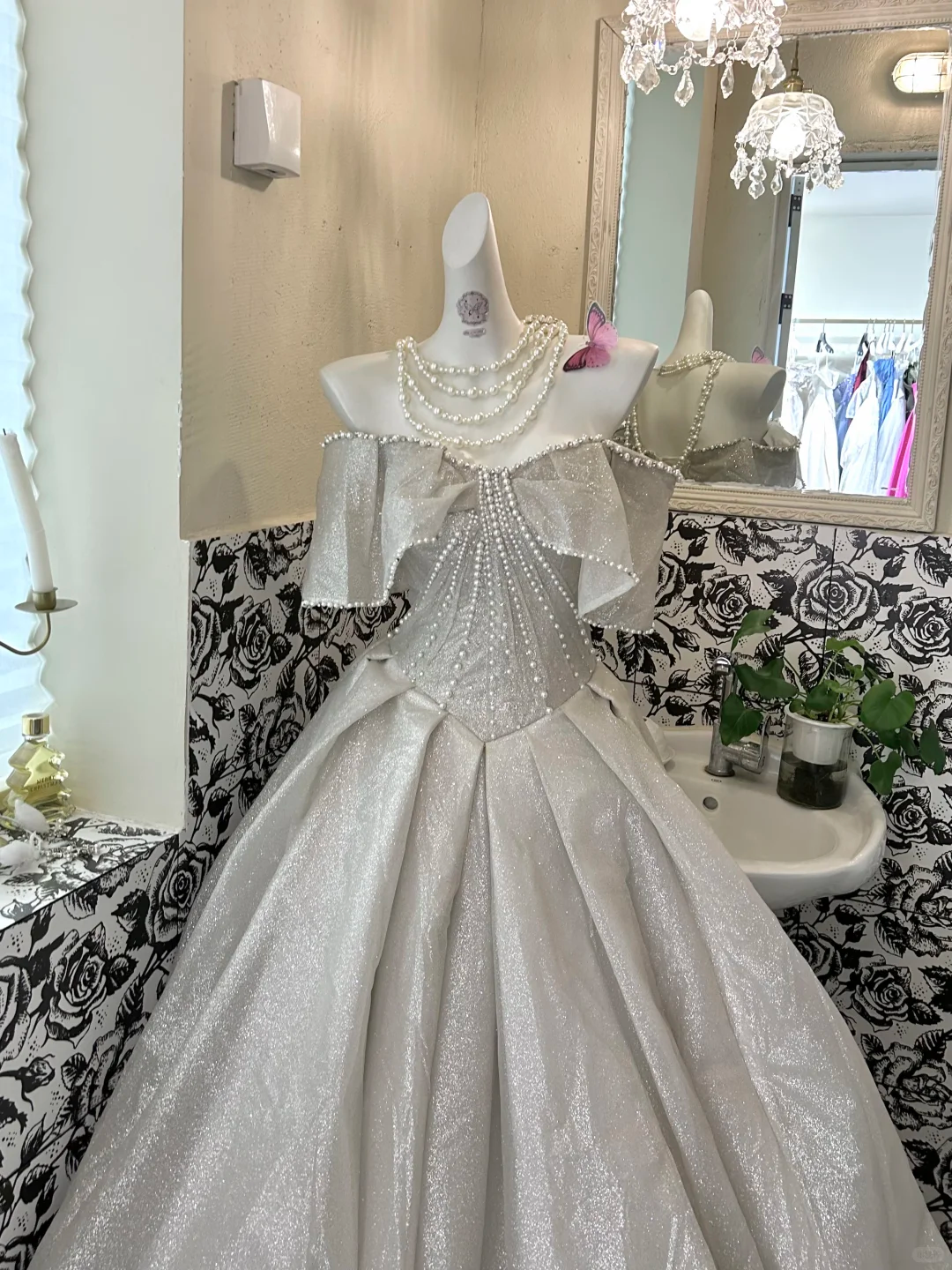 Silver Gray Bow Off-the-Shoulder Waist-Cinched Voluminous Skirt Long Luxury Romantic Dress, Wedding Gown gh7648