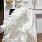 Ivory Vintage Lace High‑Neck Statement Puff‑Sleeve Beaded Pointed‑Bodice Long Train Wedding Dress gh8777