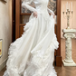 White Vintage Tulle Wedding Gown, V‑Neck Leg‑of‑Mutton Puff Long Sleeves, Tulle Lace Embroidered Long Sleeves, Heavy Lace Appliqués Fitted Bodice, A‑Line Long Train With Multi‑Layer Ruffle Lace Hem, Prom & Wedding Dress gh8666