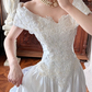 Ivory Satin Vintage Heart Off‑the‑Shoulder Cap Sleeve Heavy Beaded Lace Appliqué Fitted Waist Ball Gown With Pockets, Long Wedding Prom Dress gh8626
