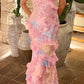 Dreamy elegant spaghetti strap pink layered ruffle maxi dress long chiffon evening gown ball gown gh2905