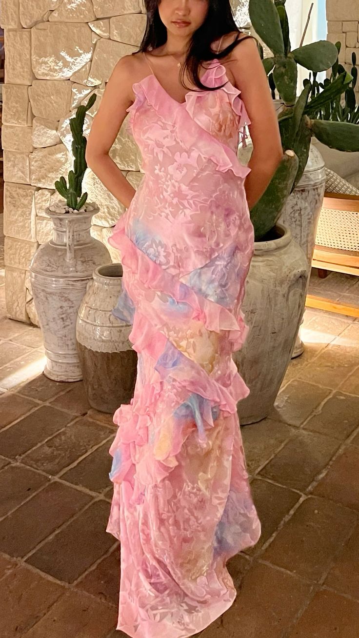 Dreamy elegant spaghetti strap pink layered ruffle maxi dress long chiffon evening gown ball gown gh2905