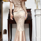 Light Pink Vintage Satin Lace Prom Gown, V‑Neck Puff Short Sleeves, Lace Tassel Cutout Fitted Waist, Lace‑Satin Mermaid Skirt, Evening Prom Dress gh8731