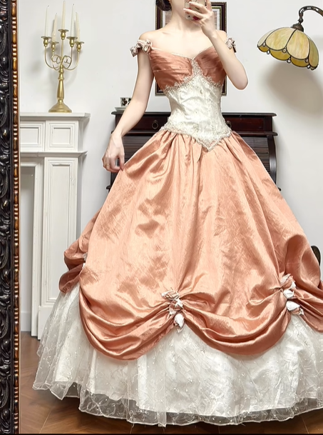 Dusty Pink Vintage Satin Ball Gown, Off‑Shoulder Corset Prom Evening Dress gh8740