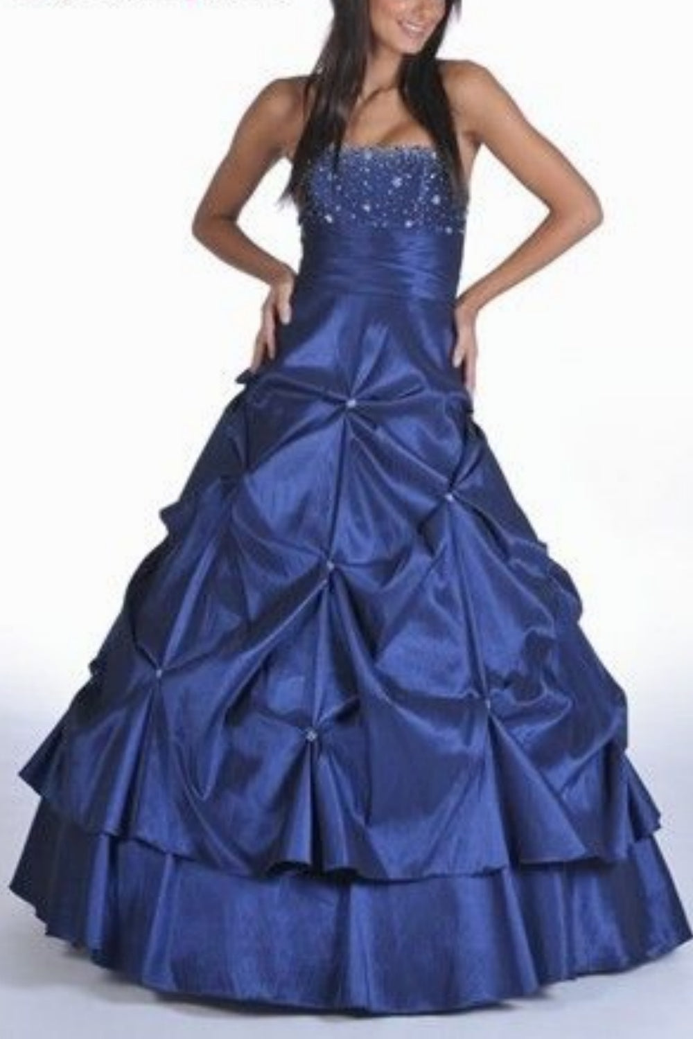 girlhomeshops-Elegant Navy Blue Strapless Ball Gown with Beaded Bodice and Ruched Embellished gh5814