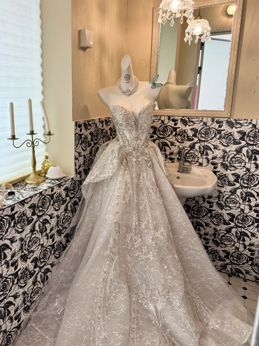 Ivory Strapless Beaded Waist-Cinched Full Flared Long Romantic Dress, Wedding Gown gh7574