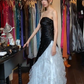 Strapless Black White Contrast Prom Dress, Rhinestone Ruched Asymmetrical Tiered Ruffle Organza Evening Gown gh9774