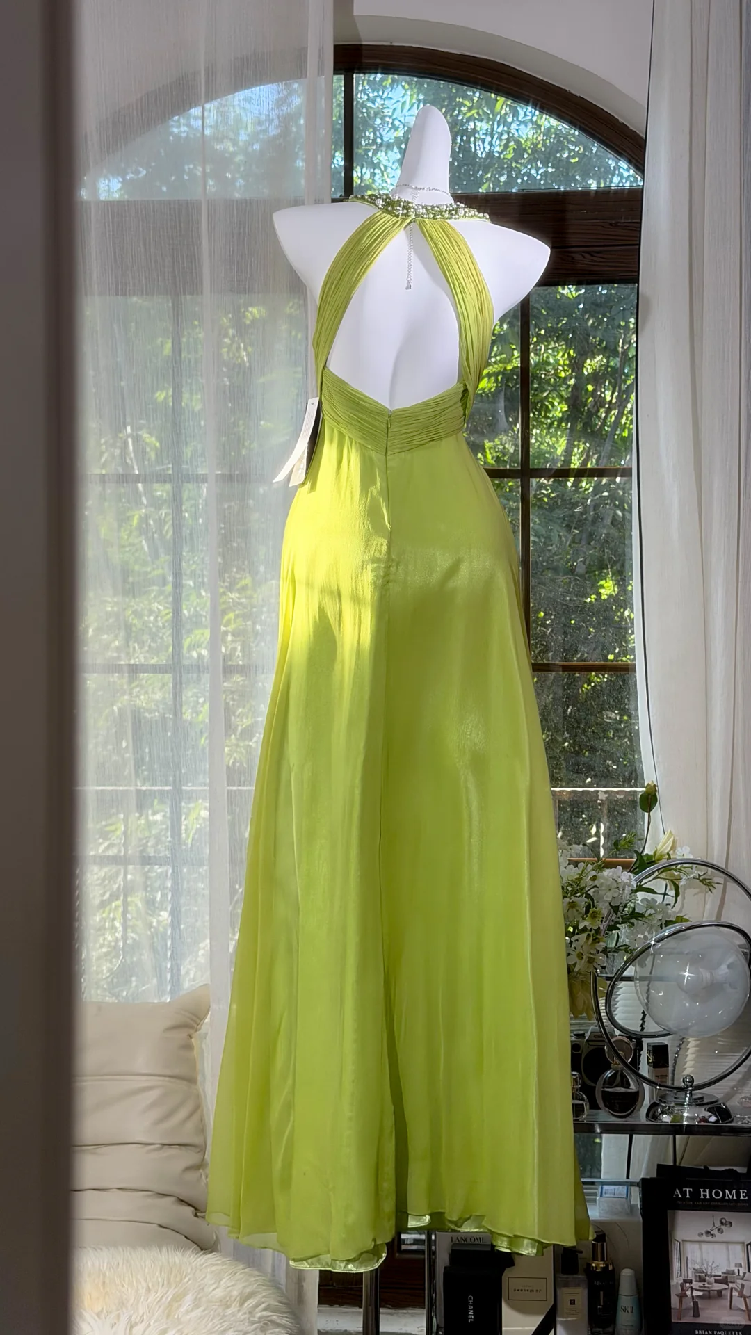 Lime Green Halter Rhinestone Pleated Chiffon Long Evening Dress, A-Line Flowy Prom Gown gh9507