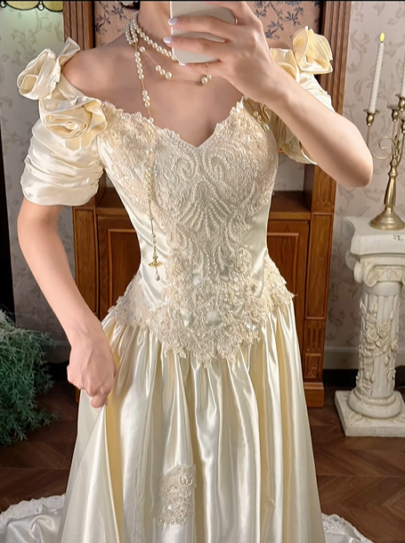 Light Apricot Rose Floral Neckline Fitted Waist Vintage Beaded Full Flared Skirt Long Prom Gown, Wedding Dress gh8598