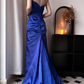Royal‑Blue Vintage Strapless Sweetheart Prom Gown, Rhinestone‑Trimmed Neckline, Chest Bow Detail, Bodice & Waist Ruched Design, Glossy Satin Fabric, Fitted Mermaid Floor‑Sweeping Evening Dress gh8825