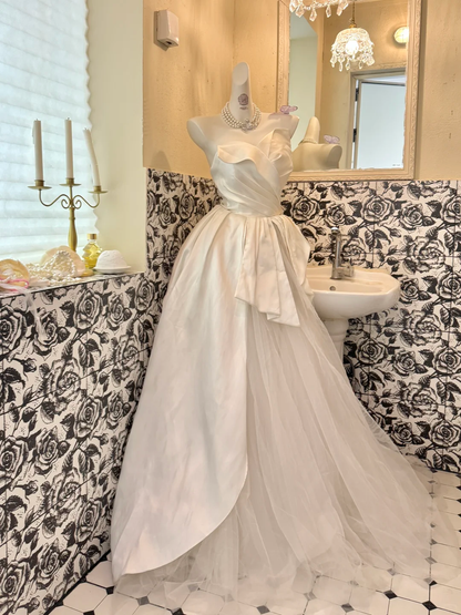 White Satin Strapless Waist-Cinched Unique Skirt Long Minimalist Luxury Romantic Dress, Wedding Gown gh7713