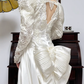 Ivory Vintage Satin Wedding Gown, V‑Neck, Vintage Leg‑of‑Mutton Puff Long Sleeves, Exquisite Lace Appliqués Fitted Waist, Satin Full‑Skirt With Long Train, Lace Trim On Hem, Bridal Prom Dress gh8758