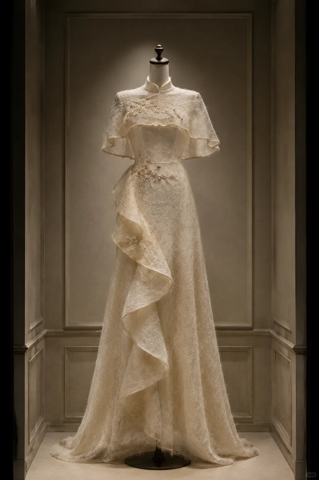 ✨Girlhomeshops-Champagne Textured Tulle Capelet Ruffle Qipao Cheongsam Wedding Gown gh10390