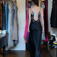 Spaghetti Straps Black Satin Evening Gown Sweetheart Floral Embroidery Beaded High Side Slit Long Prom Dress gh9710