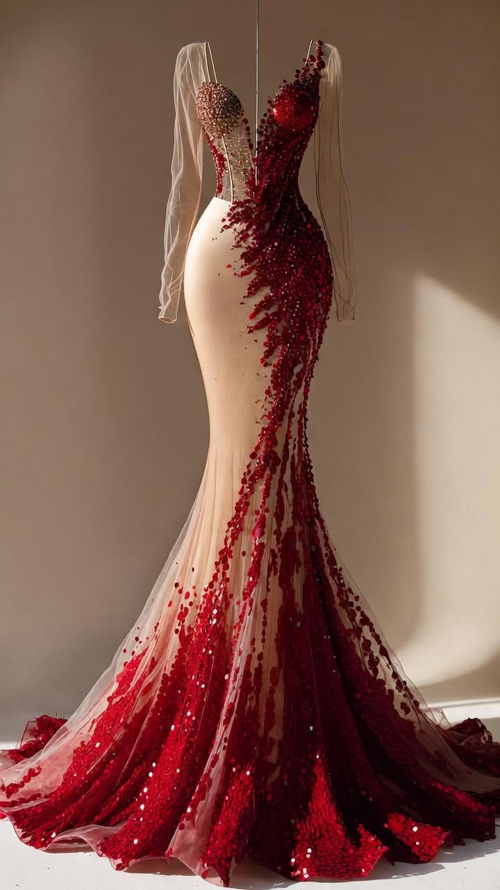 ✨Girlhomeshops-Nude Red 3D Beaded Mermaid Prom Dress Sheer Sleeves gh10175