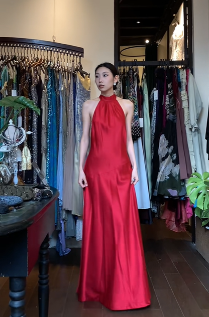 Bright Red Halter Mock Neck Long Formal Gown Satin A-Line Evening Dress gh9661
