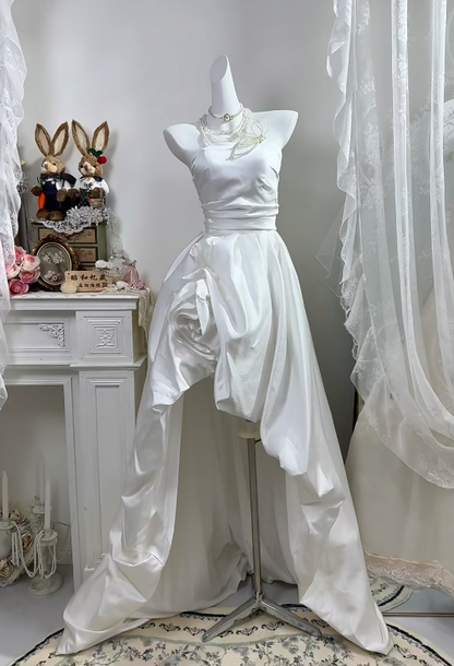 White Satin Halter Wedding Gown, Sleeveless Asymmetrical 3D Floral High Low Bridal Dress gh9281