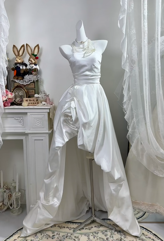 White Satin Halter Wedding Gown, Sleeveless Asymmetrical 3D Floral High Low Bridal Dress gh9281