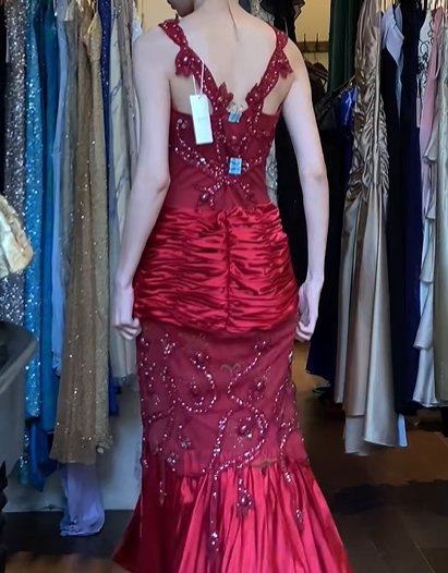 Red Satin Mermaid Evening Gown Wide Straps Heart Beaded Sheer Mesh Prom Dress gh9633