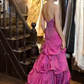 Fuchsia Strapless All Over Sequin Ruched Tiered Mermaid Long Evening Prom Dress gh9782
