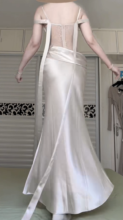 Champagne Satin Off‑Shoulder Long Evening Gown, Cowl Neck Crop Top, Sheer Lace Waist Panel, High‑Waist Draped Mermaid Formal Dress gh8942