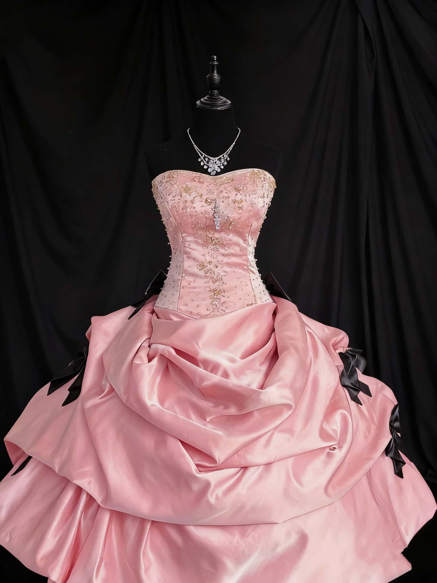 girlhomeshops-Girlish Heart Party Style Rosa Satin &amp; Schwarze Schleife Perlen Trägerlos Bodenlang Geburtstag Highlight Kleid gh5888