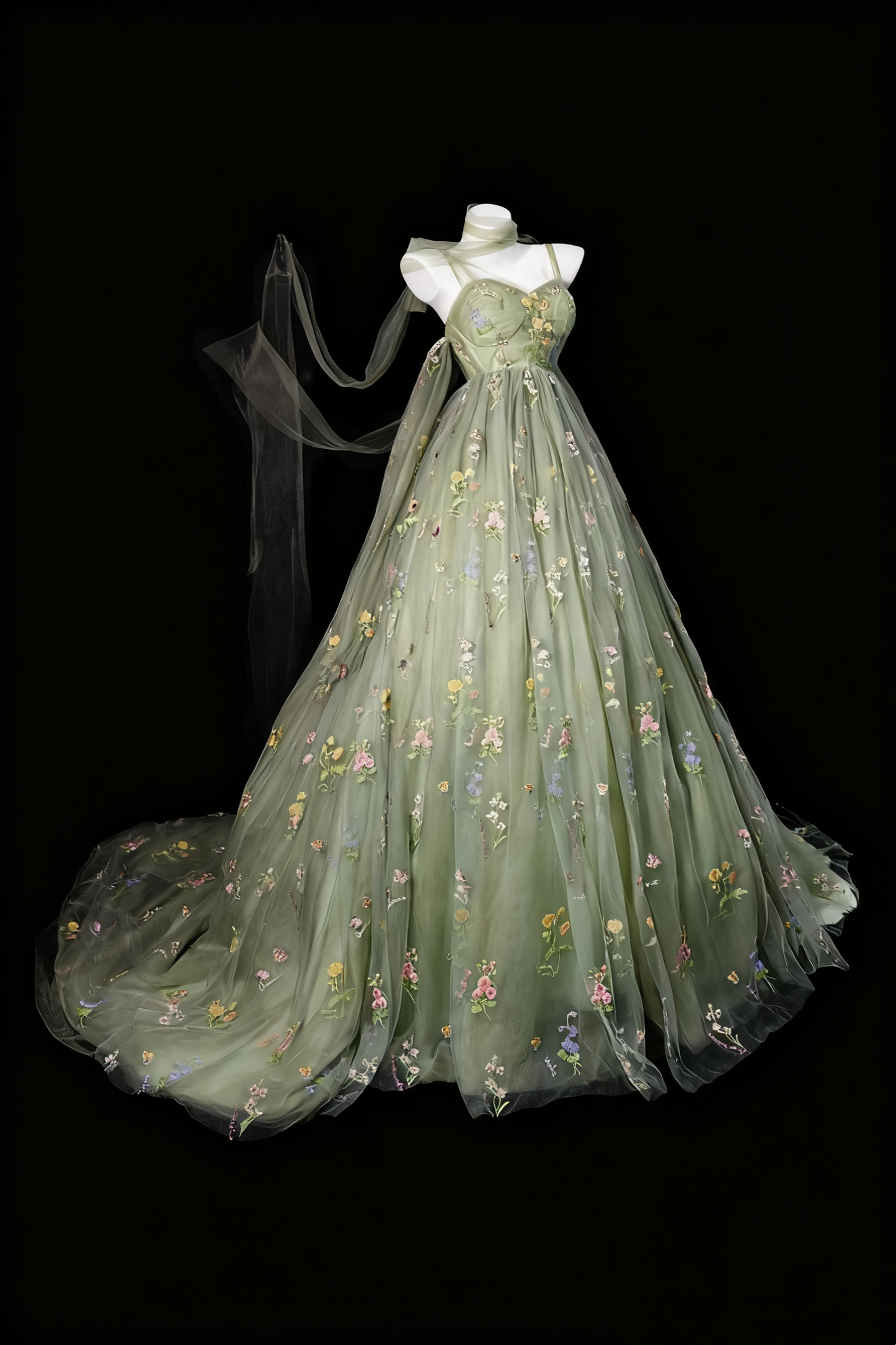 girlhomeshops-Grünes, zartes Ballkleid aus Tüll mit Blumenmuster gh6285
