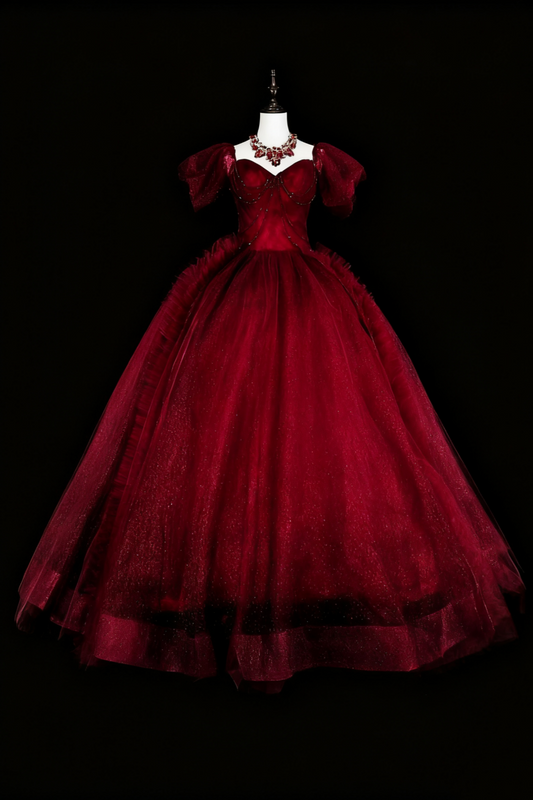 girlhomeshops-Burgunderrotes, retro-glitzerndes, kurzärmeliges, langes Tüll-Ballkleid gh6134