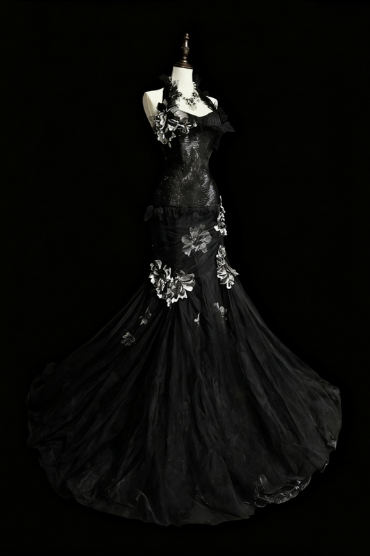 girlhomeshops – Schwarzes, meerjungfraueninspiriertes Blumenkleid, einzigartig elegantes, langes, dunkles Meerjungfrauen-Tüllballkleid/Abendkleid. gh6138