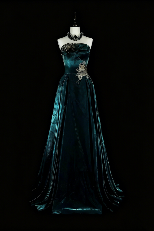 girlhomeshops-Teal Velvet pearled strapless Sleeveless Floor-Long Gothic Gown gh6318