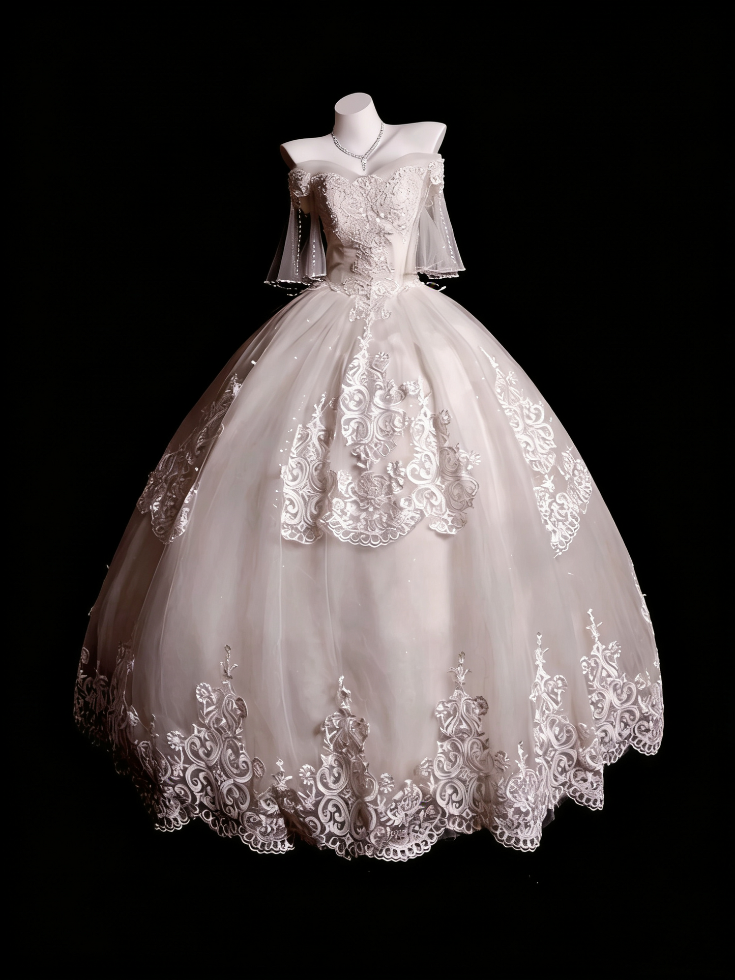 Luxuriöses, bodenlanges Ballkleid im Court-Stil aus Satin und Tüll mit schulterfreiem Ausschnitt, Perlenstickerei und Schleppe – Hochzeits- und Verlobungskleid gh6494