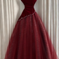Sleeveless Burgundy Velvet & Tulle Gown | Luxury Elegant Pearl Trim Train Dress for Gala Ball gh6471