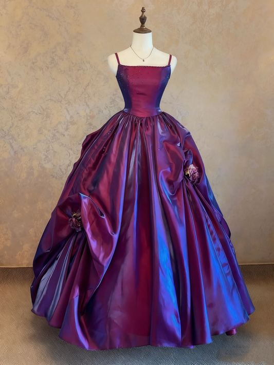 girlhomeshops-Lila-Blaues Farbverlauf-Satin-Spaghetti-Träger-3D-Blumenverzierung-Bodenlanges Court-Style-Kleid gh6360