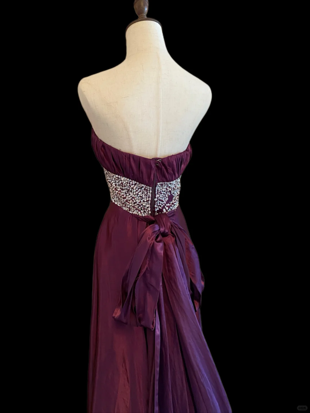 Deep Purple Strapless Long Evening Gown, Ruched Bust, Full Rhinestone Beaded Waistband, Single Draped Long Sash, Floor‑Length Train, Formal Prom Host Dress gh8910