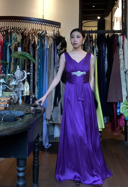 Purple Sleeveless V Neck Long Formal Gown Rhinestone Waist Satin A-Line Evening Dress gh9663