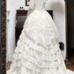 Ivory Vintage Lace Wedding Gown, V‑Neck Lace Long Sleeves, Lace Appliqués Fitted Waist, Multi‑Tier Lace Ruffled Cake Ballgown Skirt, Vintage Long Train, Bridal Prom Dress gh8767