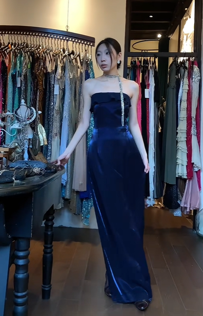Navy Blue Strapless Tube Satin Formal Gown Ruffle Neck Fitted Long Evening Prom Dress gh9684