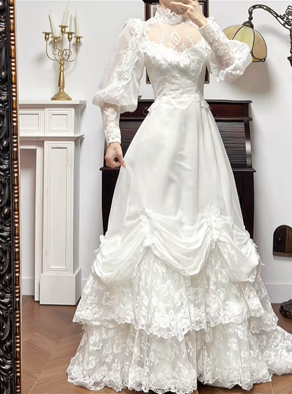 Ivory Vintage Lace High‑Neck Puff‑Sleeve Draped Ruched Long Train Wedding Dress gh8768