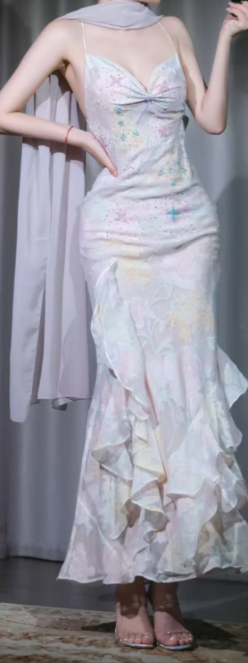 ✨Girlhomeshops-Spaghetti Strap White Starfish Beaded Mermaid Evening Dress Floral Ruffle Gown with Shawl gh10043