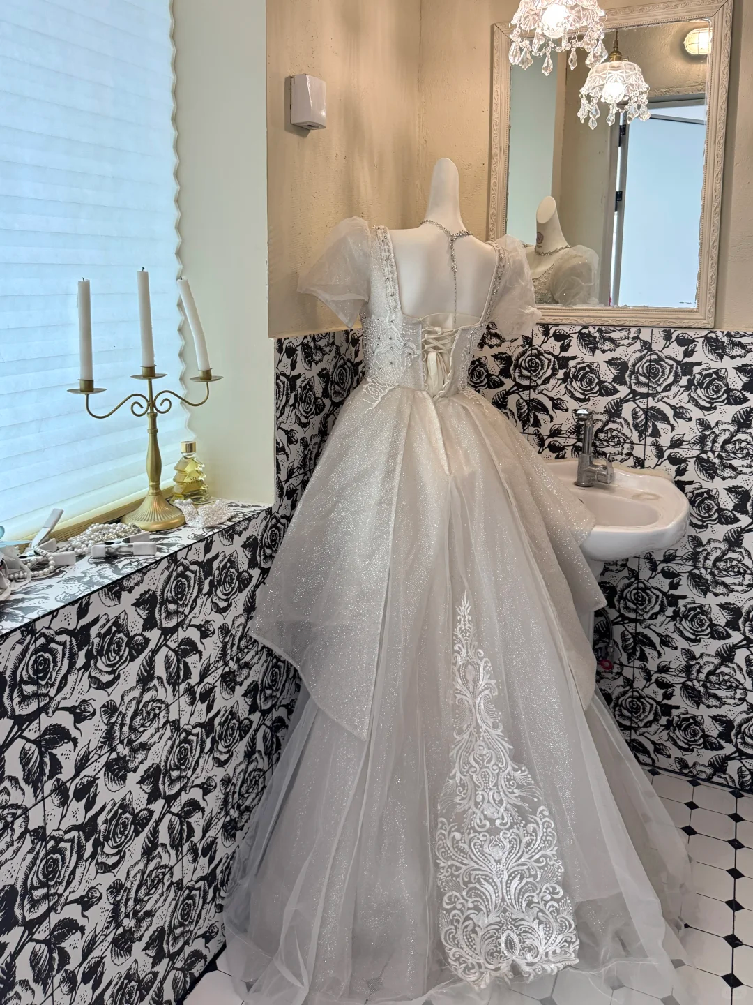 Ivory Puff Sleeve Square Neck Sequin Waist-Cinched Voluminous Skirt Romantic Dress, Wedding Gown gh7595