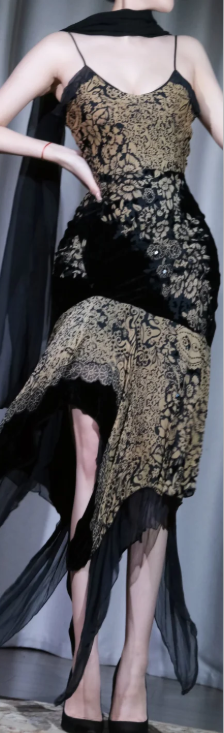 ✨Girlhomeshops-Black Gold Vintage Lace Prom Dress, Spaghetti Straps Asymmetrical Evening Gown gh9919