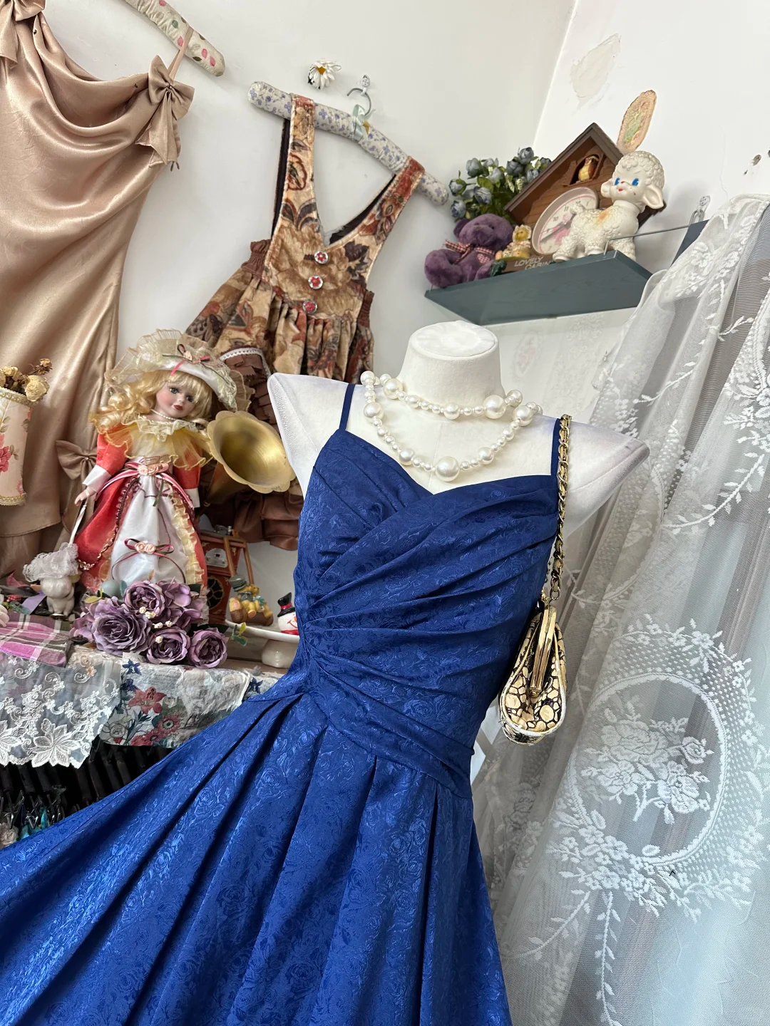 Sexy Blue Vintage Print Spaghetti Strap Fitted Waist Flared Skirt Prom & Evening Party Dress gh8483