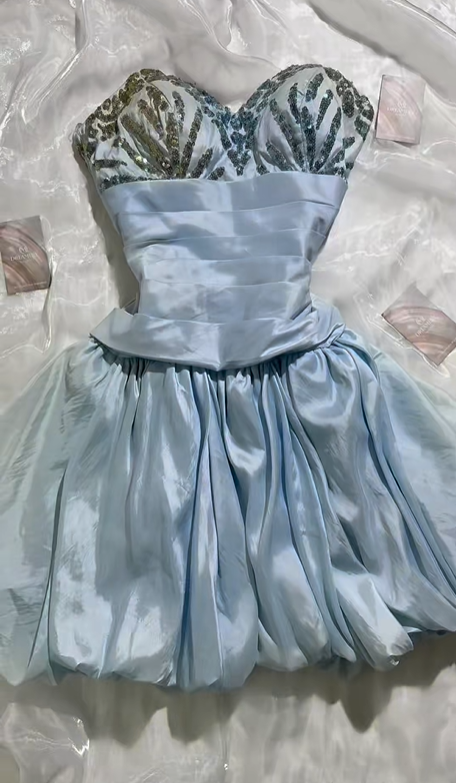 Sexy Vintage Short Prom & Evening Party Dress, Light Blue Strapless Gown with Beaded Details, Fitted Waist Silhouette gh8574